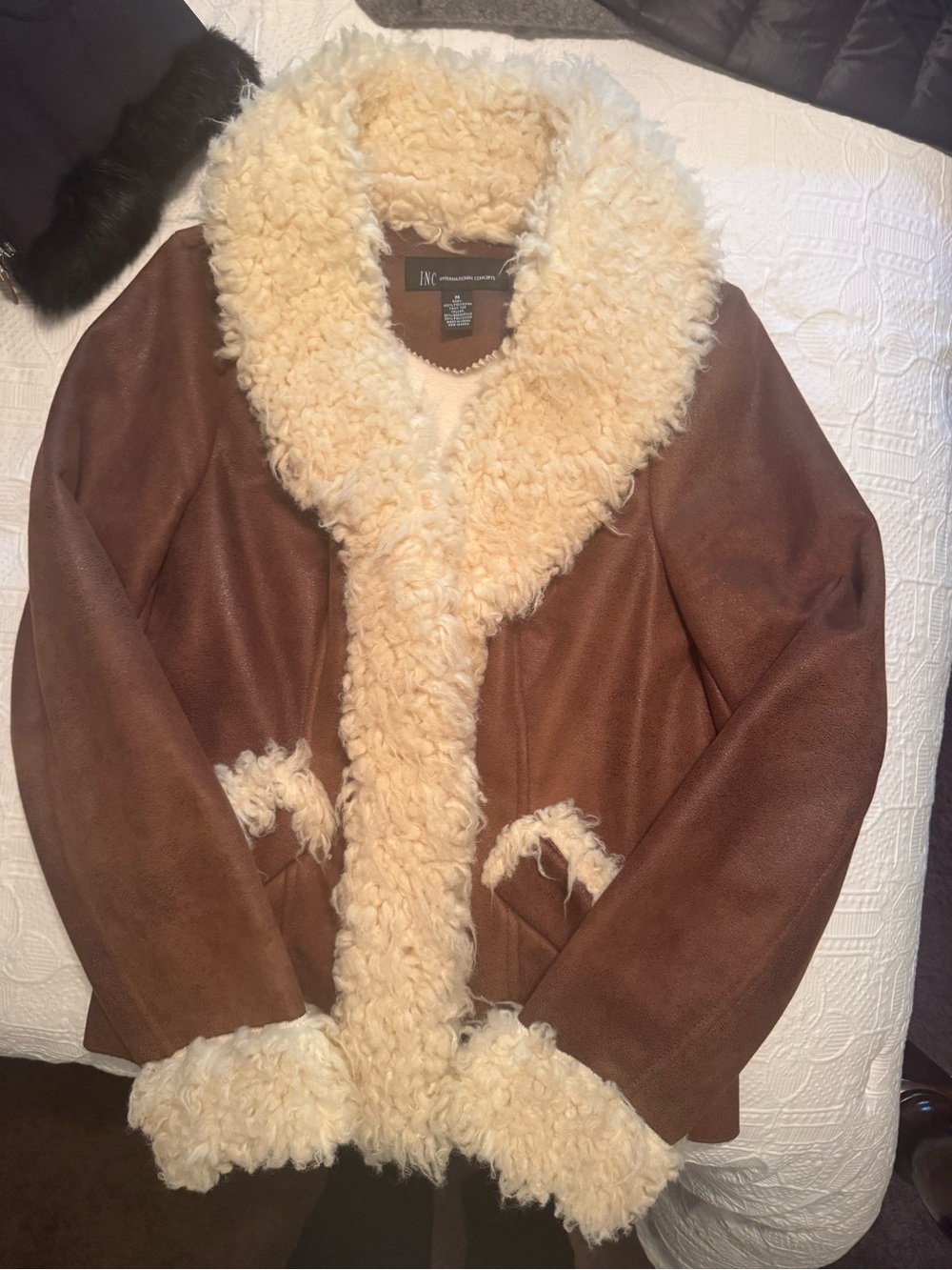 INC International Concepts Brown Jacket with Cream Faux Sherpa Trim